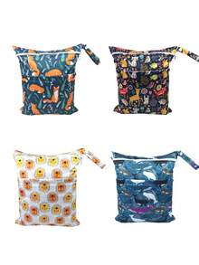 1個大容量卡通印花可重複使用的尿布袋,帶雙拉鍊口袋,方便攜帶的儲物袋,適用於嬰兒尿布 - 藏藍色動物世界 - 查看 2