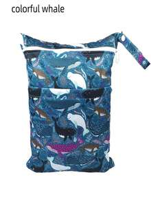 1個大容量卡通印花可重複使用的尿布袋,帶雙拉鍊口袋,方便攜帶的儲物袋,適用於嬰兒尿布 - 藏藍色動物世界 - 查看 7