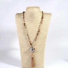 1 件波西米亚风格天然半宝石水晶/玻璃结项链不对称白水晶流苏毛衣链适合女性日常佩戴 - 米色 - 查看 8