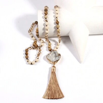 1pc Bohemian Style Natural Semi-Precious Stone Crystal/Glass Knot Necklace Asymmetrical White Crystal Tassel Sweater Chain Suitable For Women's Daily Wear
