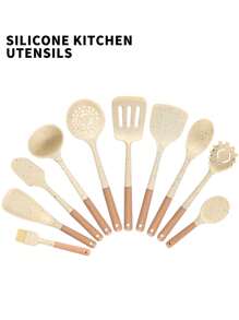 1入組矽膠烘焙工具,木柄,不粘炊具餐具帶雪花圖案,包括鍋鏟,長柄勺,刷,刮刀 - 雪花點米色 - 查看 1