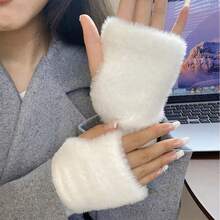 1 件女厚針織人造水貂毛手套,觸控螢幕設計,半指外露,冬季保暖,適合寫作和日常戶外活動 - 白色 - 查看 3