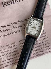 sottas New Fashion Square Mini Barrel Women's Watch, Korean Style Simple Numeric Dial, Casual Versatile Retro Quartz Ladies Student Leather Band Quartz Wristwatch - Black - View 3