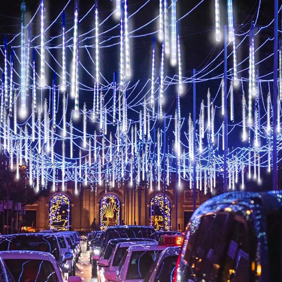 Luces De Cuerda Multicolores Con Efecto De Lluvia De Meteoros Led, Luces Decorativas Para Exteriores Impermeables Para Decoración De Árboles De Césped De Patio, Adecuadas Para Uso Comercial - [Enchufable] Blanco - Ver 1