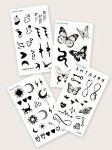 STARTTOOS 4入組黑色蝴蝶、新月、心臟、蛇設計暫時性紋身貼紙,適用於手指,手腕或身體小部位 - 黑色 - 查看 6
