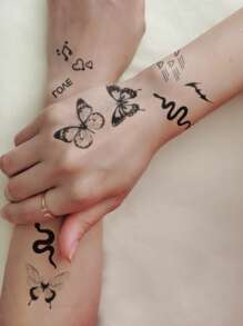 STARTTOOS 4入組黑色蝴蝶、新月、心臟、蛇設計暫時性紋身貼紙,適用於手指,手腕或身體小部位 - 黑色 - 查看 4