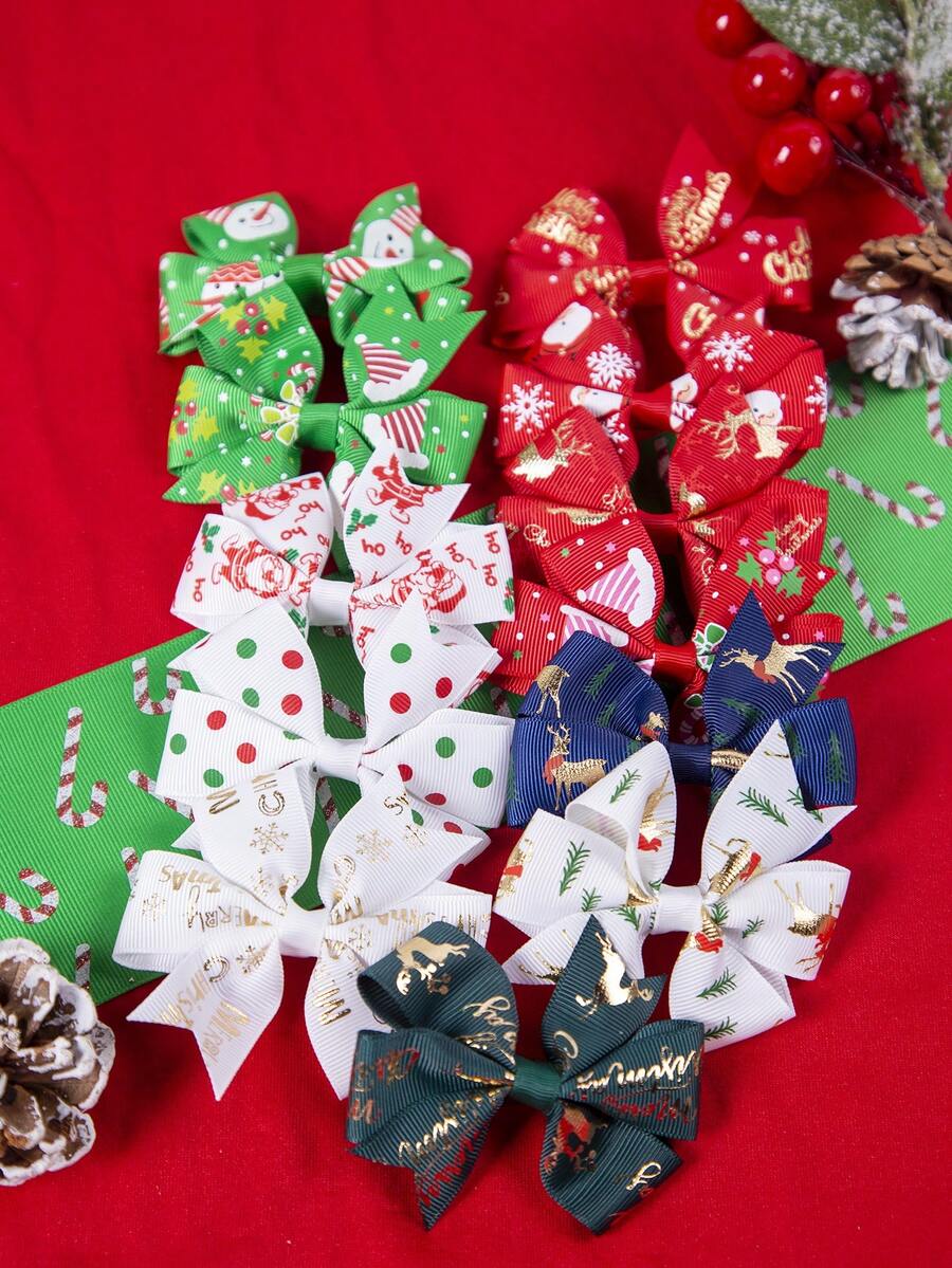 12pcs Girls' Christmas/ Halloween Printed Ribbon Hair Clips For Holiday Party(random Colors) - Multicolor - View 1