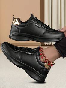 女款黑色皮革厚底鞋，時尚、多用途、防水、舒適、耐用、軟底防滑、休閒、旅行、運動鞋 - 黑色 - 查看 5