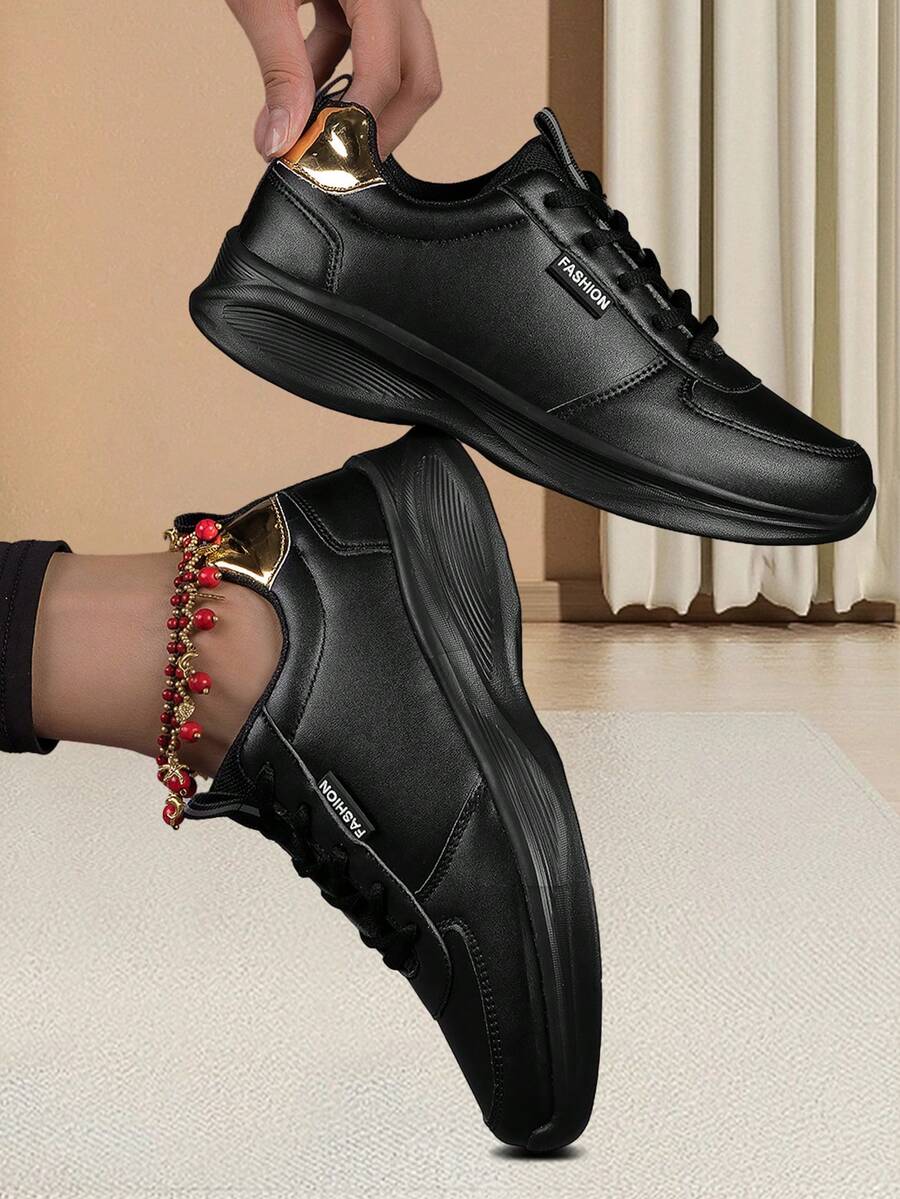 女款黑色皮革厚底鞋，時尚、多用途、防水、舒適、耐用、軟底防滑、休閒、旅行、運動鞋 - 黑色 - 查看 1