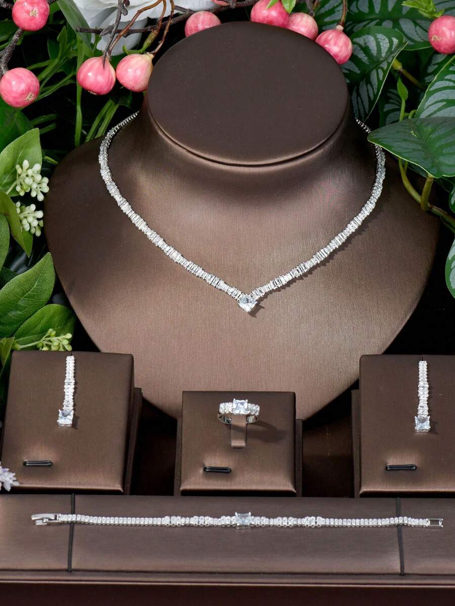 1 bộ Thanh lịch Khối Zirconia  Hình vuông Trang trí Bộ trang sức , Thích hợp Đối với Của phụ nữ Buổi tiệc Mặc - Bạc - Xem 1