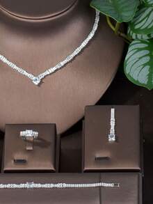 1 bộ Thanh lịch Khối Zirconia  Hình vuông Trang trí Bộ trang sức , Thích hợp Đối với Của phụ nữ Buổi tiệc Mặc - Bạc - Xem 3