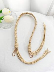 手工編織草編肩帶袋帶 - 杏色 - 查看 3