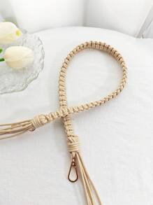 手工編織草編肩帶袋帶 - 杏色 - 查看 2