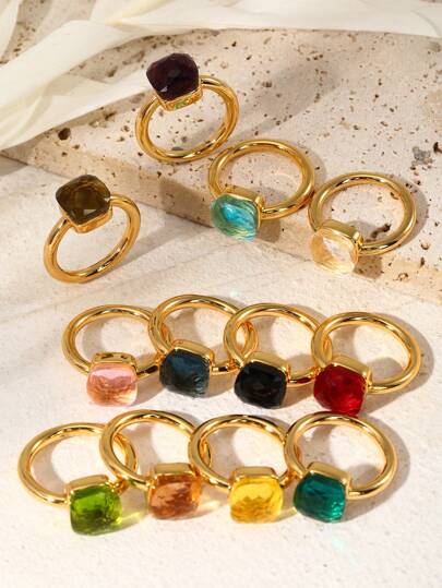 1 pièce Luxueuse bague carrée irrégulière en cuivre en forme de champignon avec zircone et pierre précieuse verte, convient pour un cadeau pour la Saint-Valentin, le mariage, la fête des mères, un rendez-vous galant