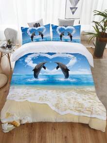 3入組海豚海灘印花被單套裝,適用於臥室、客房（1*被單套 + 2*枕套,不含芯） - 彩色 - 查看 2