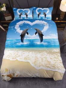 3入組海豚海灘印花被單套裝,適用於臥室、客房（1*被單套 + 2*枕套,不含芯） - 彩色 - 查看 1
