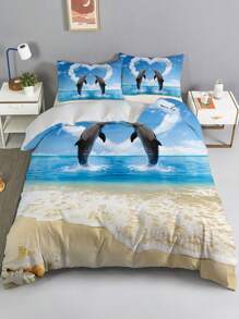 3入組海豚海灘印花被單套裝,適用於臥室、客房（1*被單套 + 2*枕套,不含芯） - 彩色 - 查看 6
