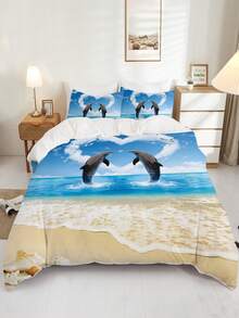 3入組海豚海灘印花被單套裝,適用於臥室、客房（1*被單套 + 2*枕套,不含芯） - 彩色 - 查看 4