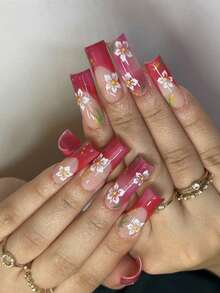 ARTAUG 24 件甜櫻花綠葉印花全罩假指甲法式紅色適合女士日常穿著和1 件指甲銼和1 件指甲膠貼紙套裝指甲適合女媽媽女士禮品和指甲用品及批發、聖誕節、萬聖節、感恩節、母親節和情人節禮物美白美甲套裝,帶有可拆式假指甲,適合節日、派對、約會和日常穿著 - 紅色 - 查看 2