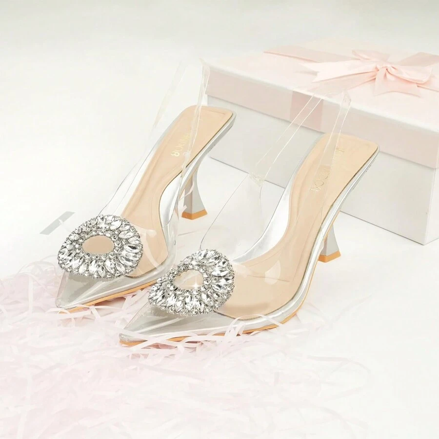 JENN ARDOR Women's Slingback Pumps Pointed Closed Toe Transparent Heels With Rhinestones Comfortable Clear Stiletto Strappy High Heeled Sandals Wedding Dress Shoes Valentines - 銀色 - 查看 1