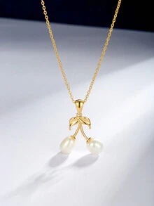 1條s925銀製天然淡水珍珠項鍊,配有金色鍍層葉子和閃閃發光的珍珠。是女士派對和生日的完美配飾 - 金黃色 - 查看 3