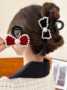 2入組女性時尚珍珠絨面蝴蝶結中碼髮卡 - 彩色 - 查看 1