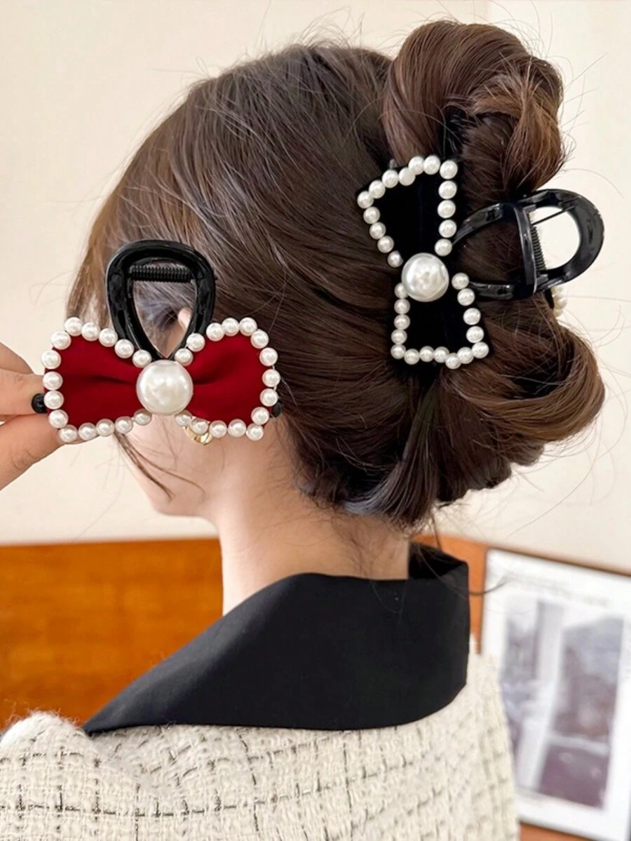 2入組女性時尚珍珠絨面蝴蝶結中碼髮卡 - 彩色 - 查看 1