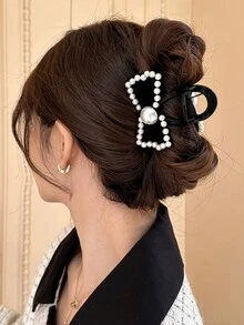 2入組女性時尚珍珠絨面蝴蝶結中碼髮卡 - 彩色 - 查看 3