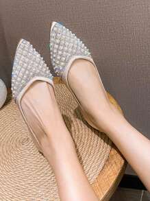 法式尖头浅钻女平底鞋、四季皆宜的软底平底鞋、优雅尖头水钻船鞋、女式低帮珍珠鞋、百搭舒适半身裙、仙女风平底鞋 - 香檳色 - 查看 7