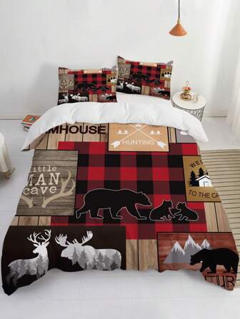 3pcs Plaid & Elk Duvet Cover Set, Soft Polyester Rustic Style Bedding Set, Including 1 Duvet Cover And 2 Pillowcase (Without Core)