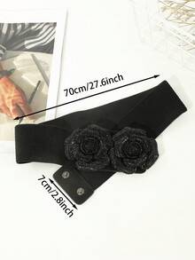 1入組復古女性黑色玫瑰形鑲鑽彈性調節扣環彈性pu腰帶,絕佳搭配派對、約會及穿搭