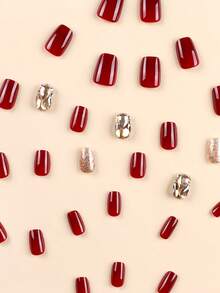 30入組酒紅色3d指甲藝術,附有鑽石裝飾、1支果凍膠和1個指甲文件 - 彩色 - 查看 4
