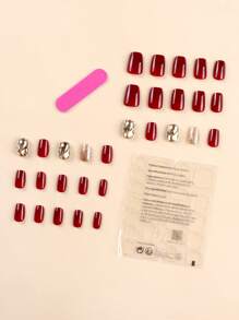 30入組酒紅色3d指甲藝術,附有鑽石裝飾、1支果凍膠和1個指甲文件 - 彩色 - 查看 2
