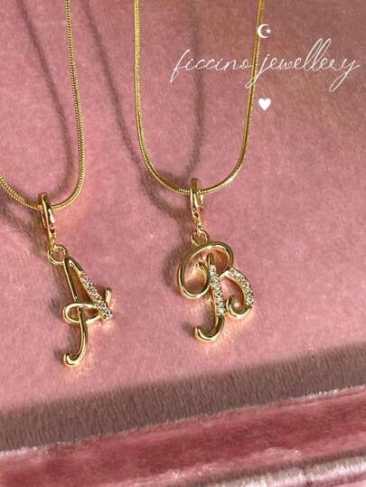 FICCINO Ficcino Handwriting Style Alphabet Letter Gold-Plated Inlaid Pendant Necklace, Women's Golden Snake Chain Collarbone Chain, Daily Wear Accessory And Festival Anniversary Gift With Gift Box