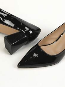 2024女装新款欧美法式舒适简约时尚优雅高端感中高跟漆皮粗跟休闲一脚蹬百搭通勤性感低帮尖头春秋四季优雅单鞋女装优雅鞋 - 黑色 - 查看 6