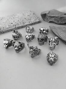 10pcs Punk Style Rings Set Including Skull, Wolf, Lion, Buddha Head Shaped Men's Rings - Antique Silver - View 1