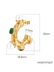 1pair Fashionable And Luxurious Vintage Stainless Steel Earrings Embedded With Pearl And Rhinestone, Suitable For Women's Daily Wear - Yellow Gold - View 5