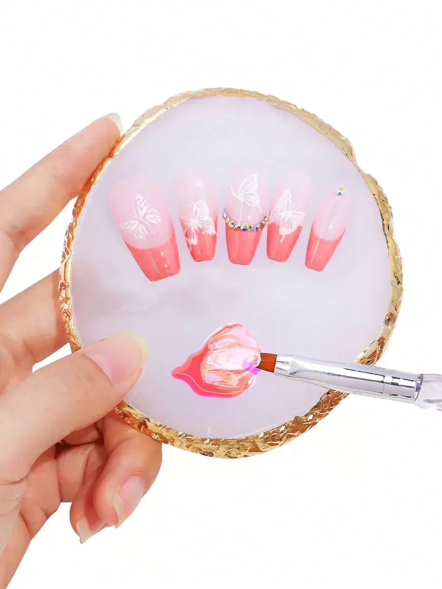 1pc Resin Nail Art Color Mixing Palette Set With Rhinestones And Gold Trim, Nail Gel Makeup