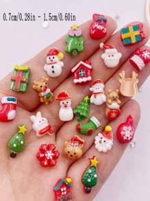 40个随机混合树脂迷你彩色雪人树圣诞老人礼盒钱袋手套袜子雪花鹿屋平底圣诞摆件美甲DIY剪贴簿配件工艺品
