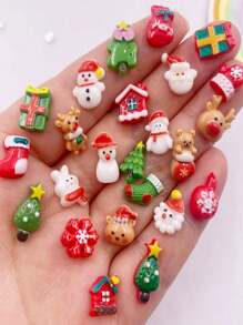 40个随机混合树脂迷你彩色雪人树圣诞老人礼盒钱袋手套袜子雪花鹿屋平底圣诞摆件美甲DIY剪贴簿配件工艺品