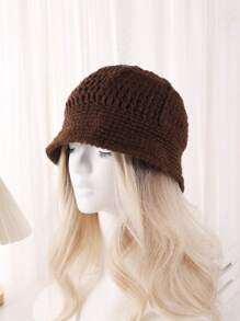 1頂女式簡約針織漁夫帽，秋冬休閒桶帽，手工鉤織針織帽，時尚日常穿著
