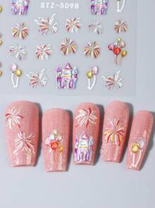 2入組浪漫多彩的城堡綻放的煙火火花指甲貼紙,浪漫3d指甲貼紙和紙芝士設計修飾美甲diy - 彩色 - 查看 2