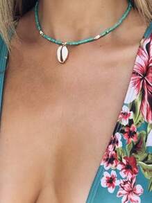 New European And American Style Bohemian Handmade Short Necklace With Turquoise Beads, Shell And Cowrie Shells - Turquoise - View 2