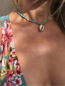 New European And American Style Bohemian Handmade Short Necklace With Turquoise Beads, Shell And Cowrie Shells - Turquoise - View 5