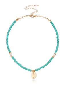New European And American Style Bohemian Handmade Short Necklace With Turquoise Beads, Shell And Cowrie Shells - Turquoise - View 9