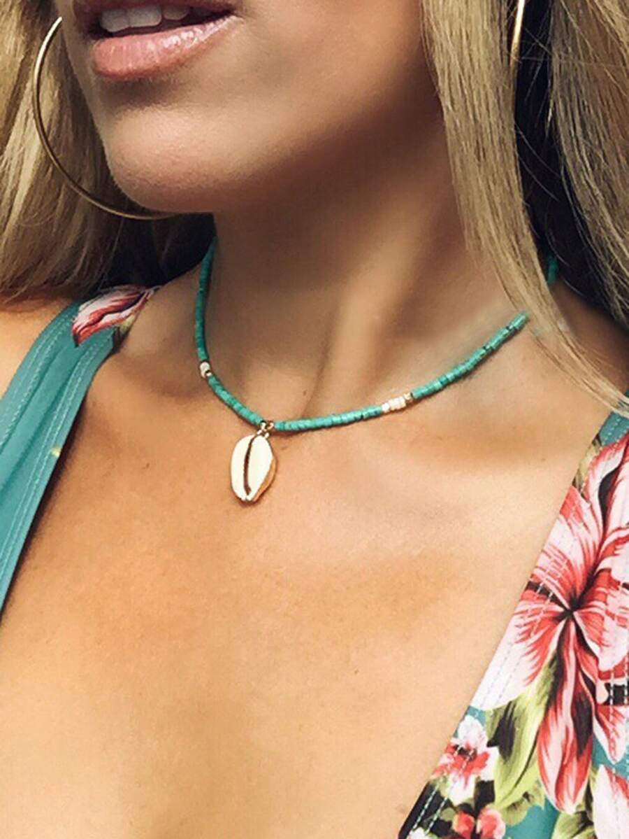 New European And American Style Bohemian Handmade Short Necklace With Turquoise Beads, Shell And Cowrie Shells - Turquoise - View 1