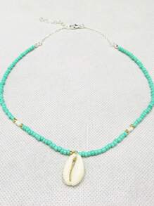 New European And American Style Bohemian Handmade Short Necklace With Turquoise Beads, Shell And Cowrie Shells - Turquoise - View 3