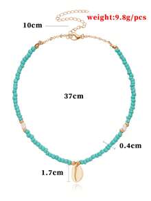 New European And American Style Bohemian Handmade Short Necklace With Turquoise Beads, Shell And Cowrie Shells - Turquoise - View 4