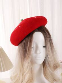 可爱的草莓刺绣羊毛混合贝雷帽，情人节校帽 - 彩色 - 查看 2