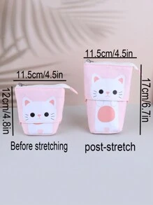 1 Pc Pink Pen Pencil Bag Case, Cartoon Cute Cat Canvas Fold Standing Holder Stationery Organizer Kids Gift - Pink - View 2